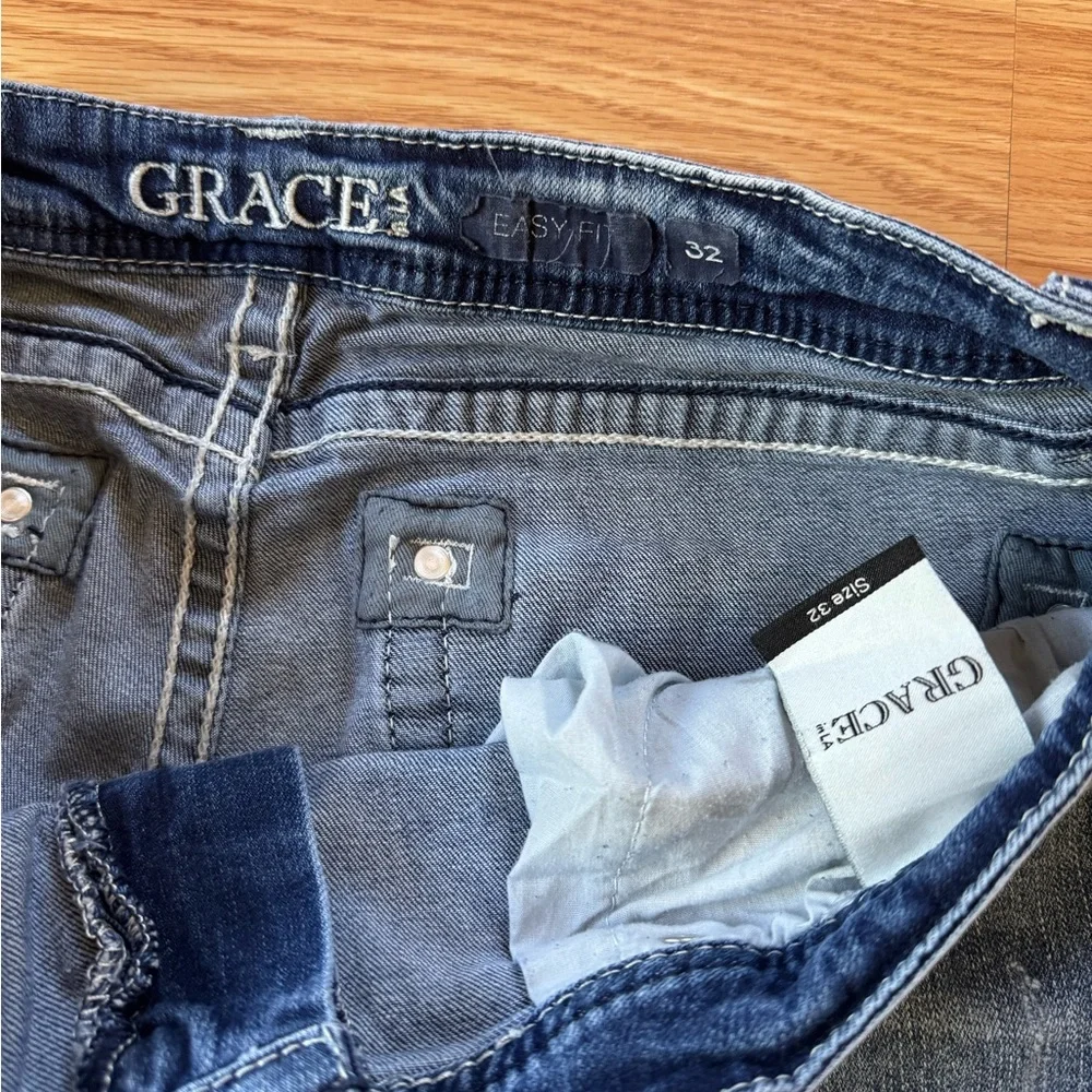 Grace In LA Embellished Jeans 32 Cowgirl Rhinestone Gold Embroidered Hearts EUC - Picture 8 of 11